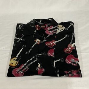 Mens short sleeve Gibson button down Black Shirt with Guitar Pattern